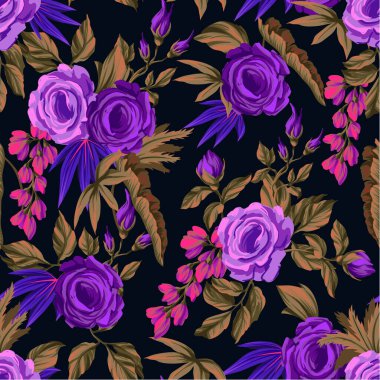 Chintz çiçekleri ve yapraklarıyla kusursuz desen. Vektör