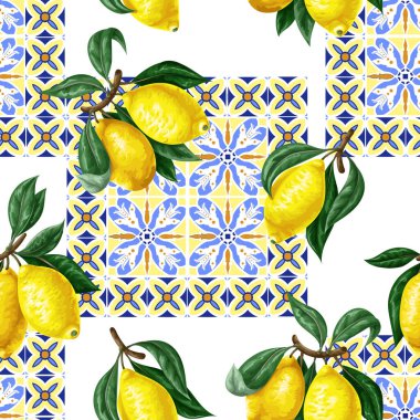 Limonlu ve mavi süslemeli kusursuz desen. Vecto