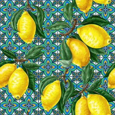 Limonlu ve mavi süslemeli kusursuz desen. Vecto