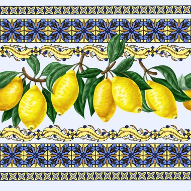 Limonlu ve mavi süslemeli kusursuz desen. Vecto