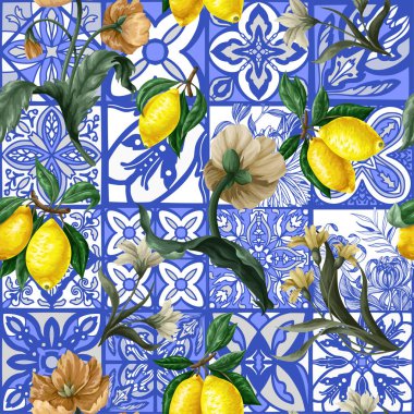 Seamless pattern with lemons and blue ornament. Vecto clipart