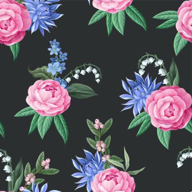 Camelia çiçekleri ve diğer çiçeklerle kusursuz desen. Vektör