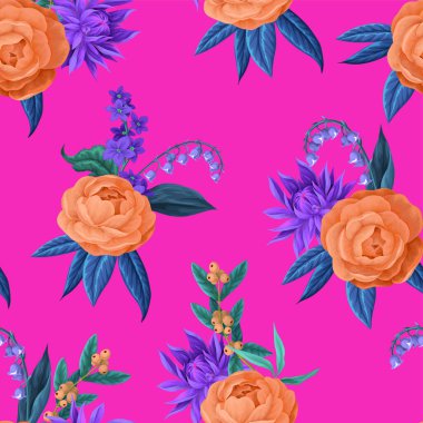 Camelia çiçekleri ve diğer çiçeklerle kusursuz desen. Vektör.