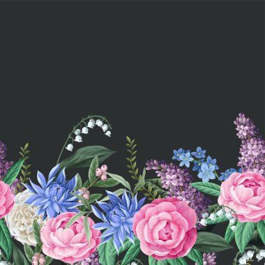 Camelia çiçekleri ve diğer çiçeklerle sınır. Vektör.