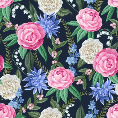 Camelia çiçekleri ve diğer çiçeklerle kusursuz desen. Vektör