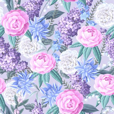 Camelia çiçekleri ve diğer çiçeklerle kusursuz desen. Vektör