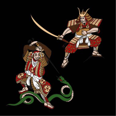 Grafik tarzındaki samuraylar izole edilmiş. Vektör