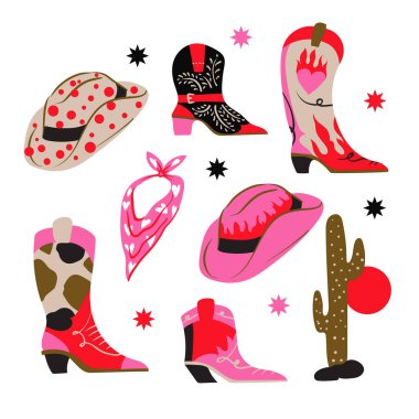 Americans cowboy boots and hats isolated. Vector clipart