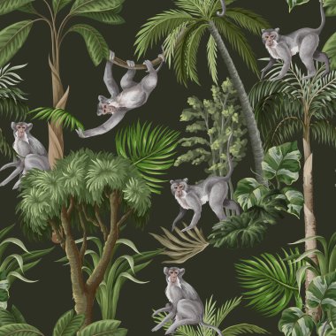 Maymunlar ve orman ağaçlarıyla kusursuz bir düzen. Vektör