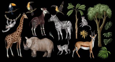 Orman hayvanları ve ağaçlar izole edilmiş. Palmiye ağaçları, zürafa, okapi, zebra vs. Vektör