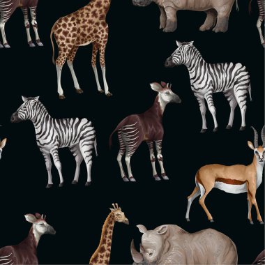 Zürafa, okapi, zebra gibi orman hayvanlarında kusursuz desen. Su aygırı. Vektör