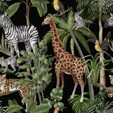 Orman hayvanları ve ağaçlarla kusursuz bir düzen. Palmiye ağaçları, zürafa, okapi, zebra vs. Vektör