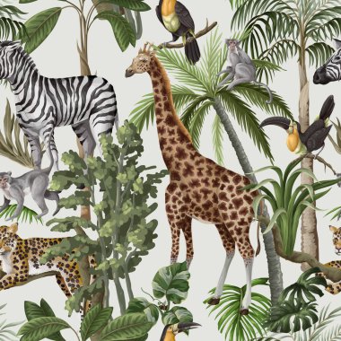 Orman hayvanları ve ağaçlarla kusursuz bir düzen. Palmiye ağaçları, zürafa, okapi, zebra vs. Vektör