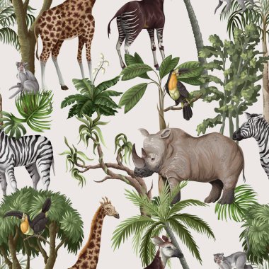Orman hayvanları ve ağaçlarla kusursuz bir düzen. Palmiye ağaçları, zürafa, okapi, zebra vs. Vektör