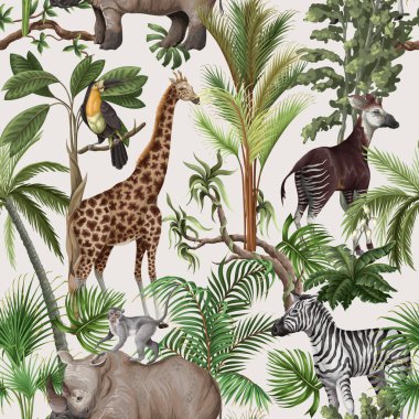 Orman hayvanları ve ağaçlarla kusursuz bir düzen. Palmiye ağaçları, zürafa, okapi, zebra vs. Vektör