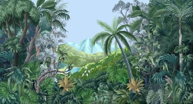 Tek renkli orman ormanlı duvar resmi. Palmiye ağaçları, tropik yapraklar, doğa manzarası. Vektör