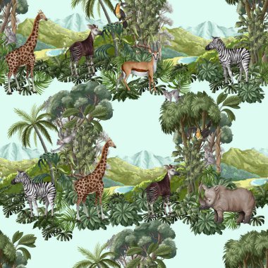 Orman hayvanları ve ağaçlarla kusursuz bir düzen. Palmiye ağaçları, zürafa, okapi, zebra vs. Vektör