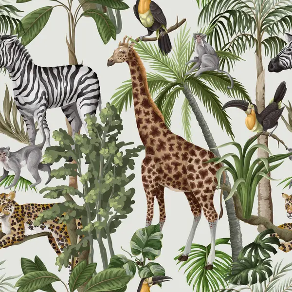 Orman hayvanları ve ağaçlarla kusursuz bir düzen. Palmiye ağaçları, zürafa, okapi, zebra vs. Vektör