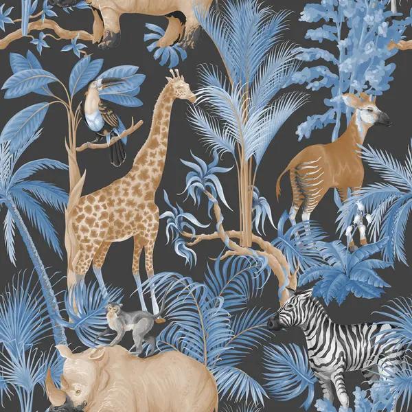 Orman hayvanları ve ağaçlarla kusursuz bir düzen. Palmiye ağaçları, zürafa, okapi, zebra vs. Vektör