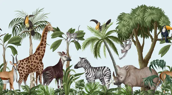 Orman hayvanları ve ağaçlarla dolu duvar resmi, gerçekçi, şirin bir manzara. Vektör