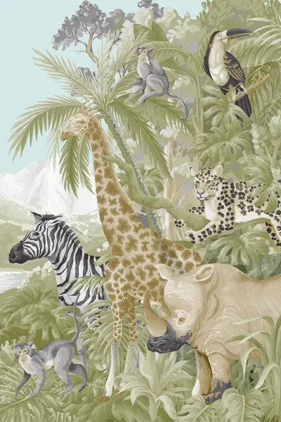 Orman hayvanları ve ağaçlarla dolu duvar resmi, gerçekçi, şirin bir manzara. Vektör