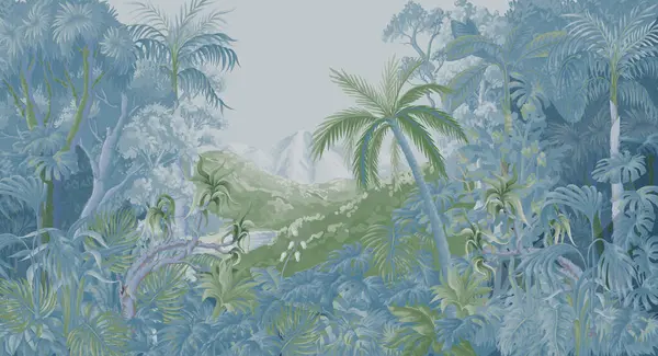 Tek renkli orman ormanlı duvar resmi. Palmiye ağaçları, tropik yapraklar, doğa manzarası. Vektör