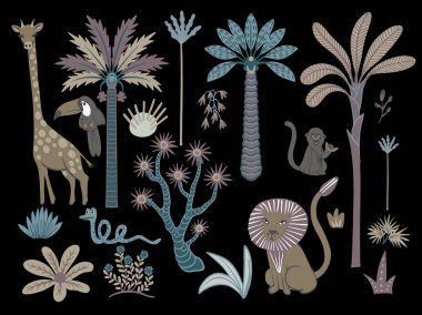 Basit hayvanlar, ağaçlar ve bitkiler. Çocuklar için tropik orman vektörü