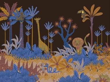 Basit hayvanların, ağaçların ve bitkilerin olduğu duvar resmi. Çocuklar için tropik orman vektörü