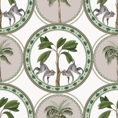 Süslü daireleri, maymunları ve palmiyeleri olan kusursuz desenler. Vektör