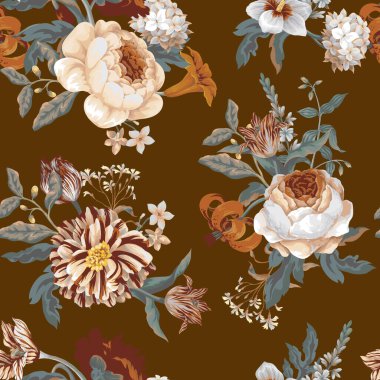 Rokoko çiçekleri yağlı boyalı kusursuz çiçek desenleri. Vektör