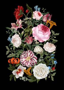 Rokoko boyalı buketler natürmort çiçekleri. Vektör