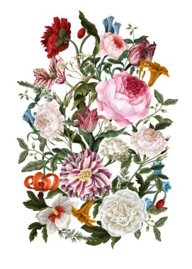 Rokoko boyalı buketler natürmort çiçekleri. Vektör