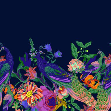 Tavus kuşu desenli kusursuz desen ve rokoko natürmort çiçekleri. Vektör