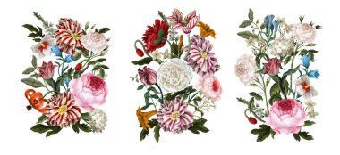 Rokoko boyalı buketler natürmort çiçekleri. Vektör