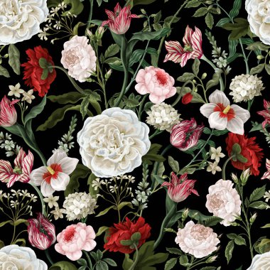 Rokoko çiçekleri yağlı boyalı kusursuz çiçek desenleri. Vektör