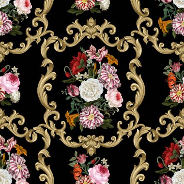 Rokoko yağlı boyalı kusursuz desenli çiçekler ve barok elementler. Vektör
