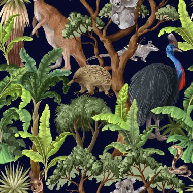 Avustralyalı hayvanlar ve ağaçlarla kusursuz bir düzen. Vektör