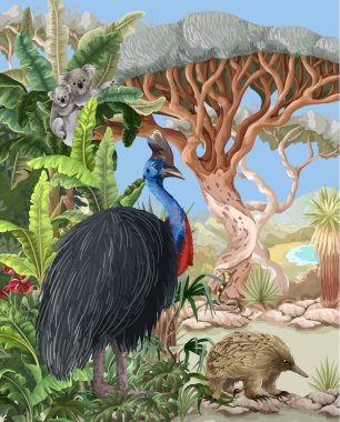 Hayvanlar ve ağaçlarla dolu Avustralya manzarası. Vektör