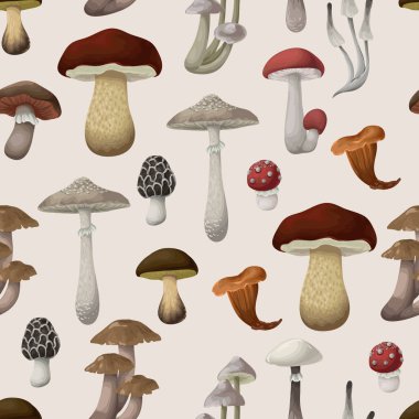 Farklı mantarlarla kusursuz desen. Vektör.