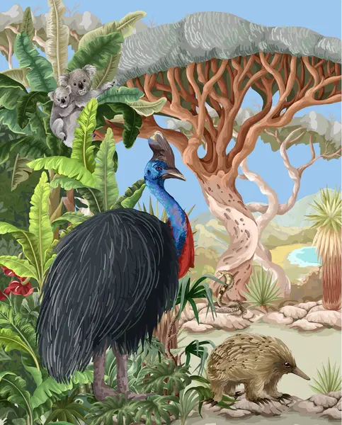Hayvanlar ve ağaçlarla dolu Avustralya manzarası. Vektör