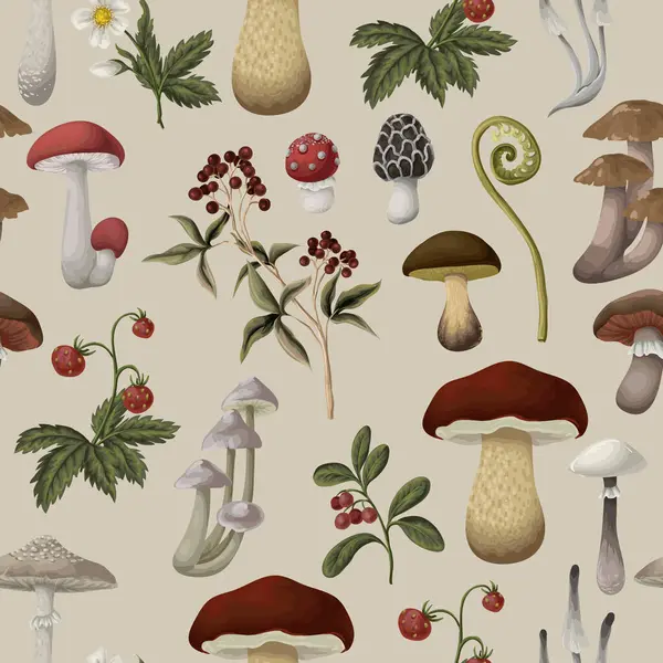 Mantarlar, böğürtlenler, bitkiler ve yapraklarla kusursuz desen. Vektör