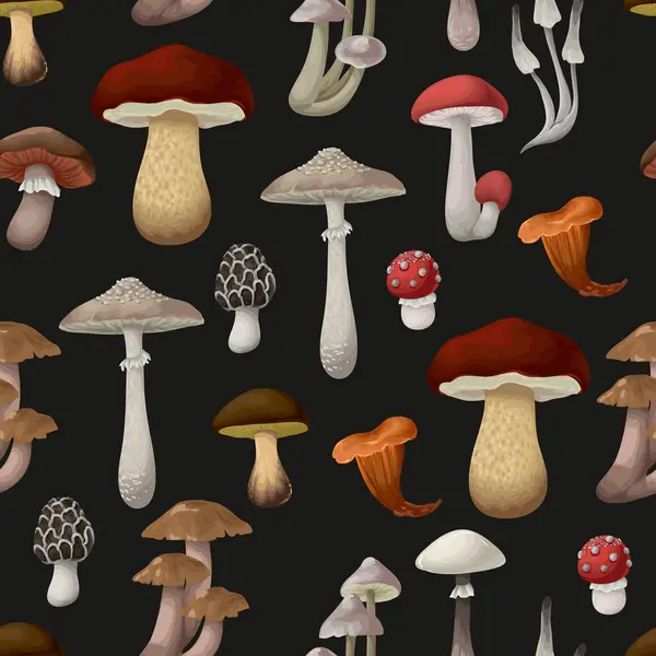 Farklı mantarlarla kusursuz desen. Vektör.