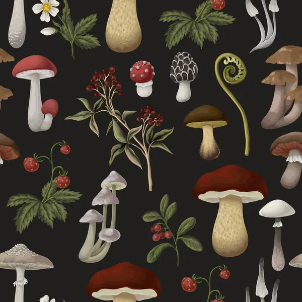 Mantarlar, böğürtlenler, bitkiler ve yapraklarla kusursuz desen. Vektör