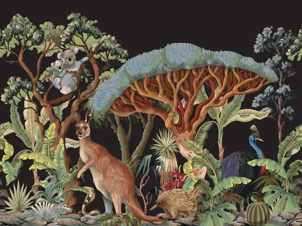 Hayvanlar ve ağaçlarla dolu Avustralya manzarası. Vektör