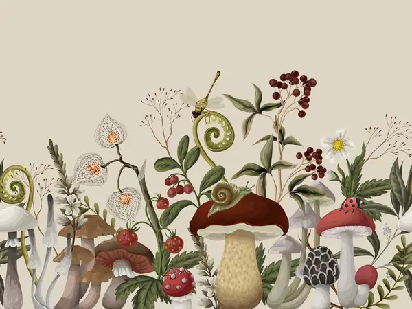 Mantar, böğürtlen, bitki ve yapraklarla sınırlandırılmış. Vektör