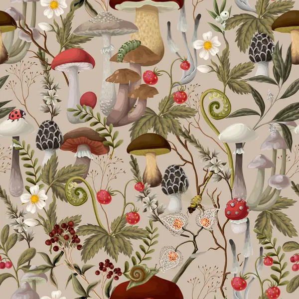 Mantarlar, böğürtlenler, bitkiler ve yapraklarla kusursuz desen. Vektör