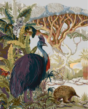 Hayvanlar ve ağaçlarla dolu Avustralya manzarası. Vektör