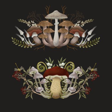 Mantar, böğürtlen, bitki ve yapraklar izole edilmiş. Vektör.