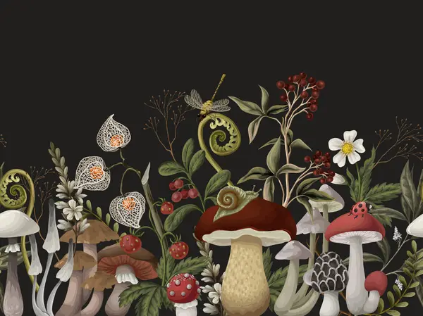 Mantar, böğürtlen, bitki ve yapraklarla sınırlandırılmış. Vektör