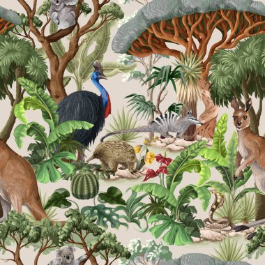 Avustralyalı hayvanlar ve ağaçlarla kusursuz bir düzen. Vektör